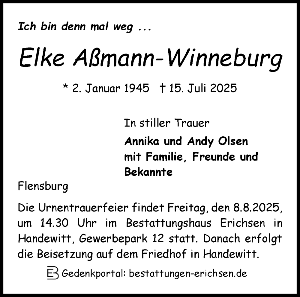  Traueranzeige für Elke Aßmann-Winneburg vom 26.07.2025 aus Flensburger Tageblatt