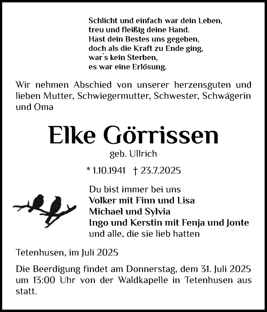  Traueranzeige für Elke Görrissen vom 26.07.2025 aus Schleswig-Holsteinische Landeszeitung