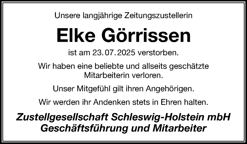  Traueranzeige für Elke Görrissen vom 29.07.2025 aus Schleswig-Holsteinische Landeszeitung
