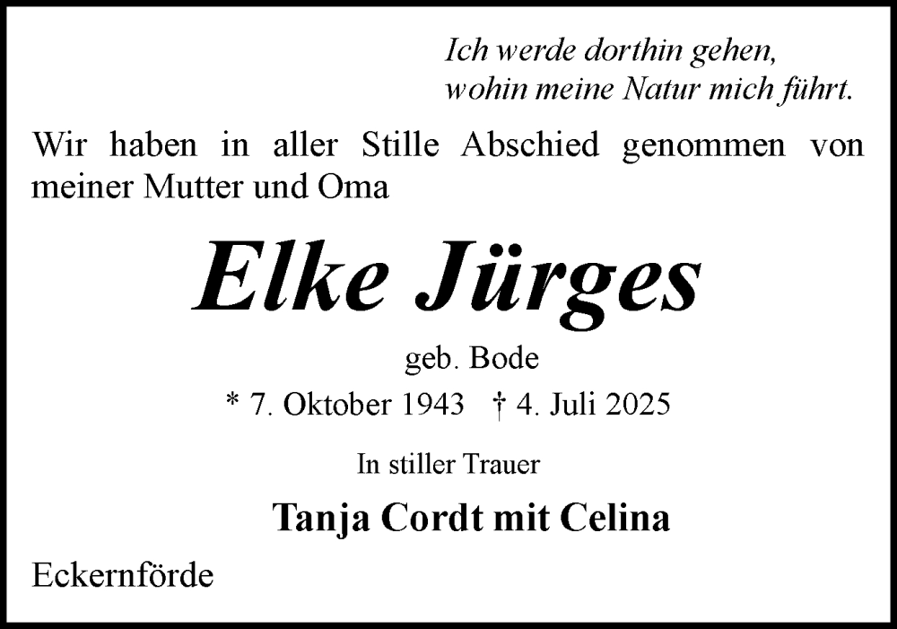  Traueranzeige für Elke Jürges vom 12.07.2025 aus Eckernförder Zeitung, Hallo Eckernförde