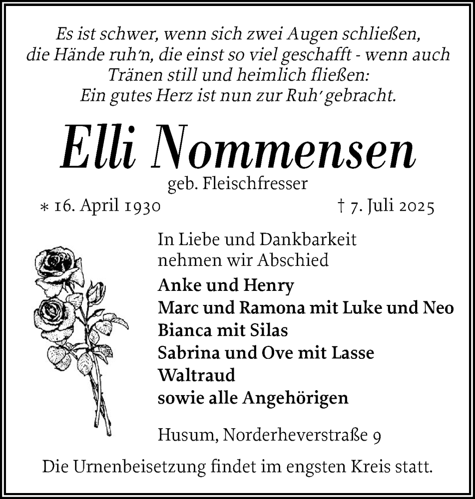  Traueranzeige für Elli Nommensen vom 15.07.2025 aus Husumer Nachrichten, Nordfriesland Tageblatt