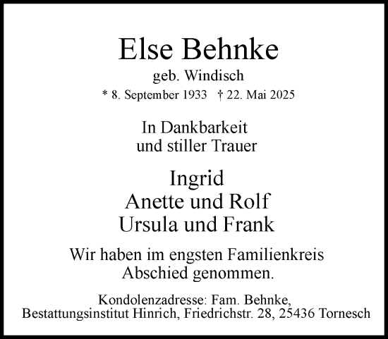 Traueranzeige von Else Behnke von Uetersener Nachrichten, Der tip am Wochenende