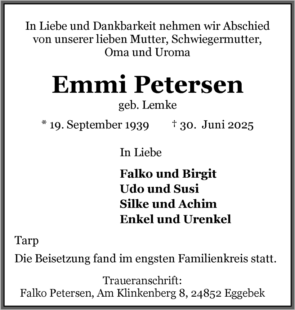  Traueranzeige für Emmi Petersen vom 18.07.2025 aus Flensburger Tageblatt