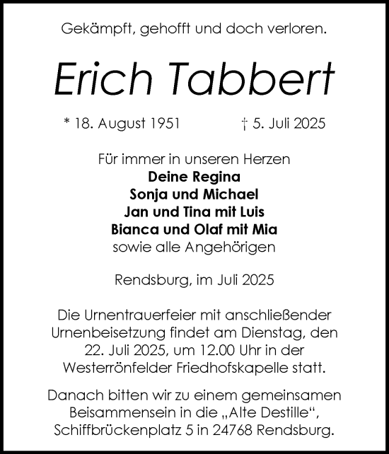 Traueranzeige von Erich Tabbert von Schleswig-Holsteinische Landeszeitung