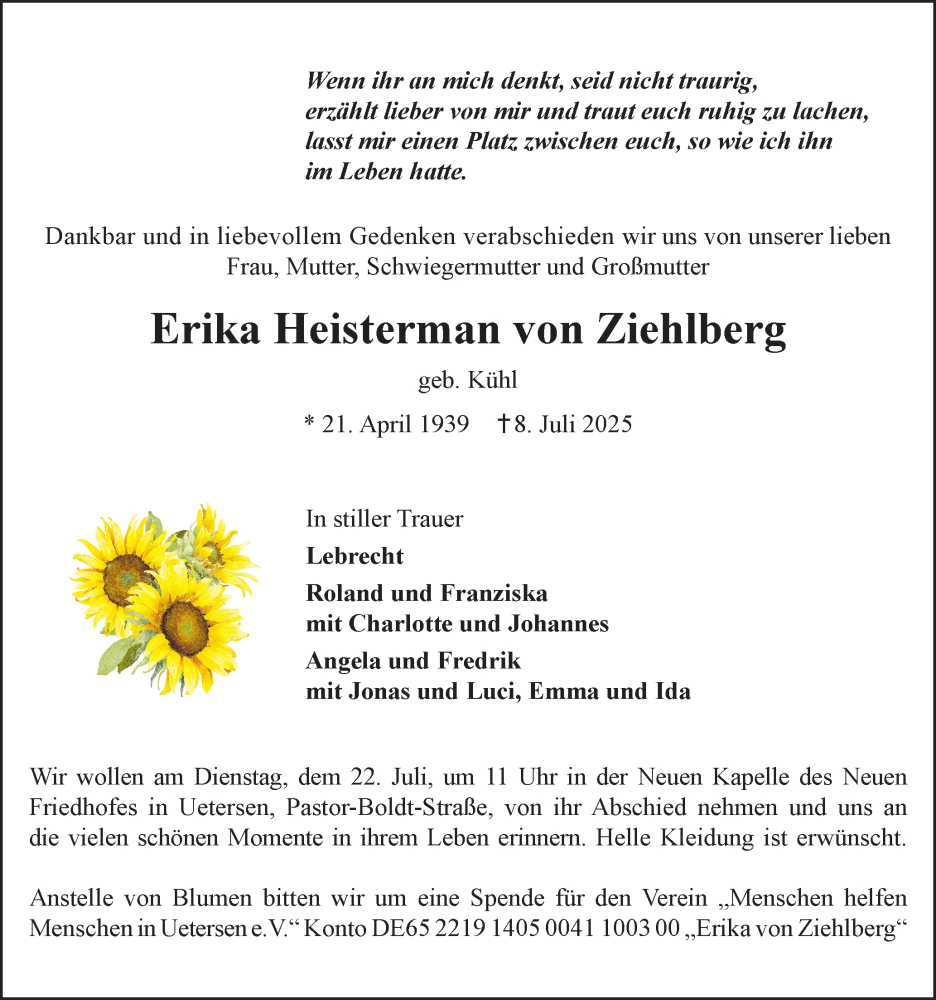  Traueranzeige für Erika Heisterman von Ziehlberg vom 19.07.2025 aus Uetersener Nachrichten, Der tip am Wochenende