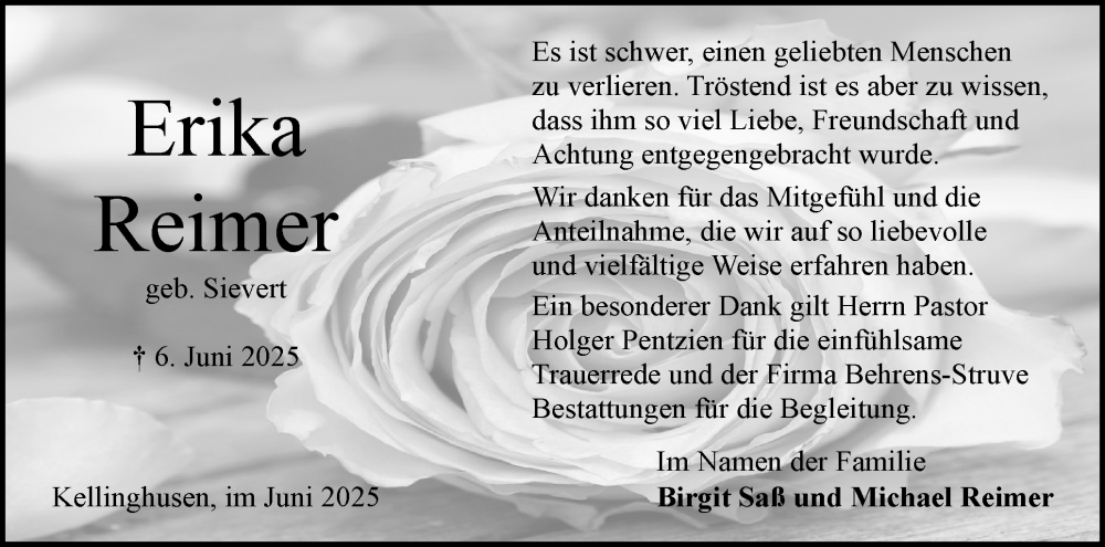  Traueranzeige für Erika Reimer vom 05.07.2025 aus Norddeutsche Rundschau, Wilstersche Zeitung, Glückstädter Fortuna