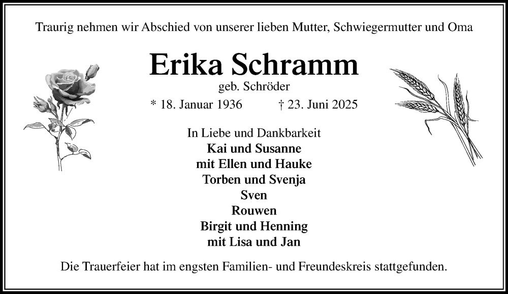  Traueranzeige für Erika Schramm vom 12.07.2025 aus MARKT Ahrensburg/Bargteheide/Trittau und Stormarner Tageblatt