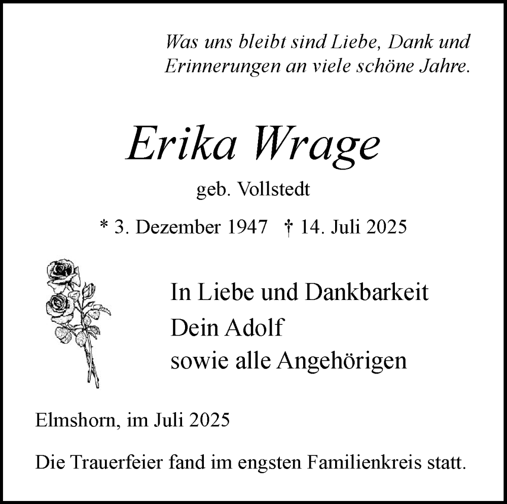  Traueranzeige für Erika Wrage vom 26.07.2025 aus Elmshorner Nachrichten, Barmstedter Zeitung