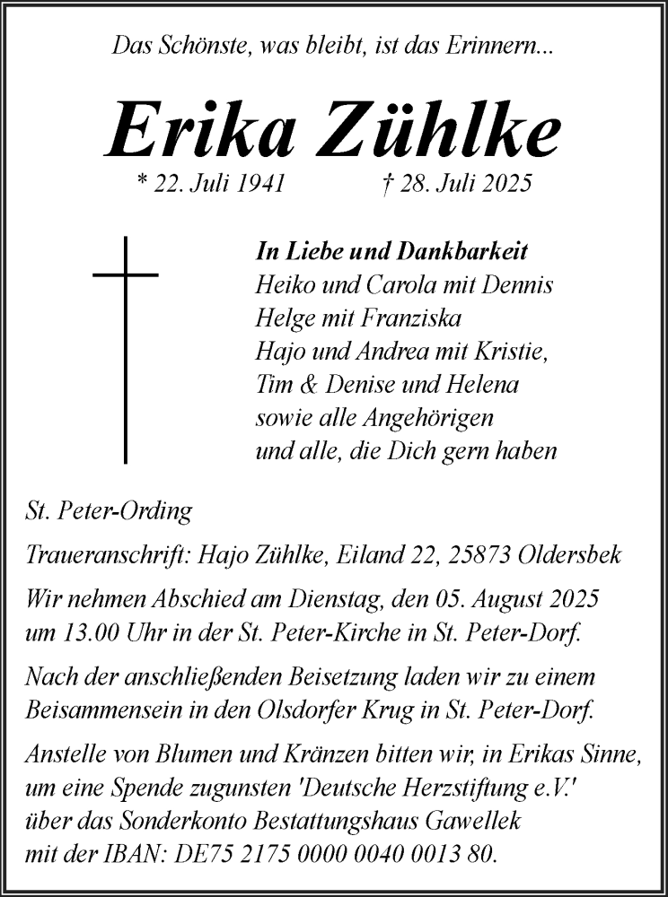  Traueranzeige für Erika Zühlke vom 31.07.2025 aus Husumer Nachrichten, Nordfriesland Tageblatt