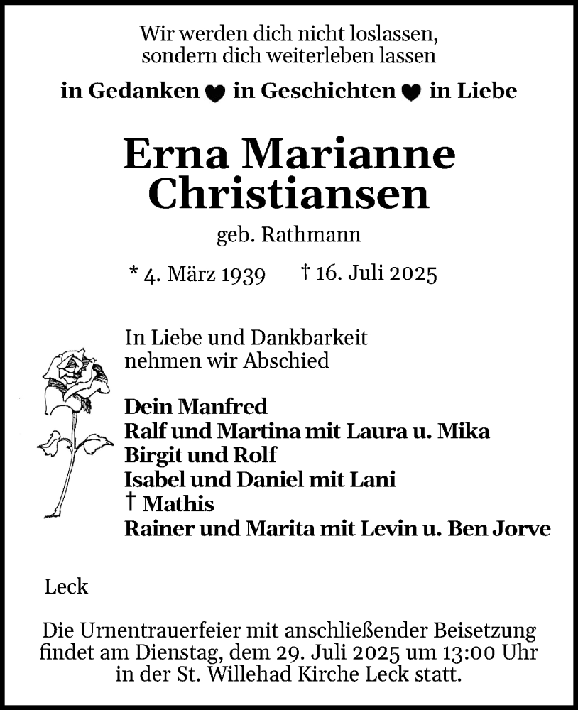  Traueranzeige für Erna Marianne Christiansen vom 23.07.2025 aus Husumer Nachrichten, Nordfriesland Tageblatt