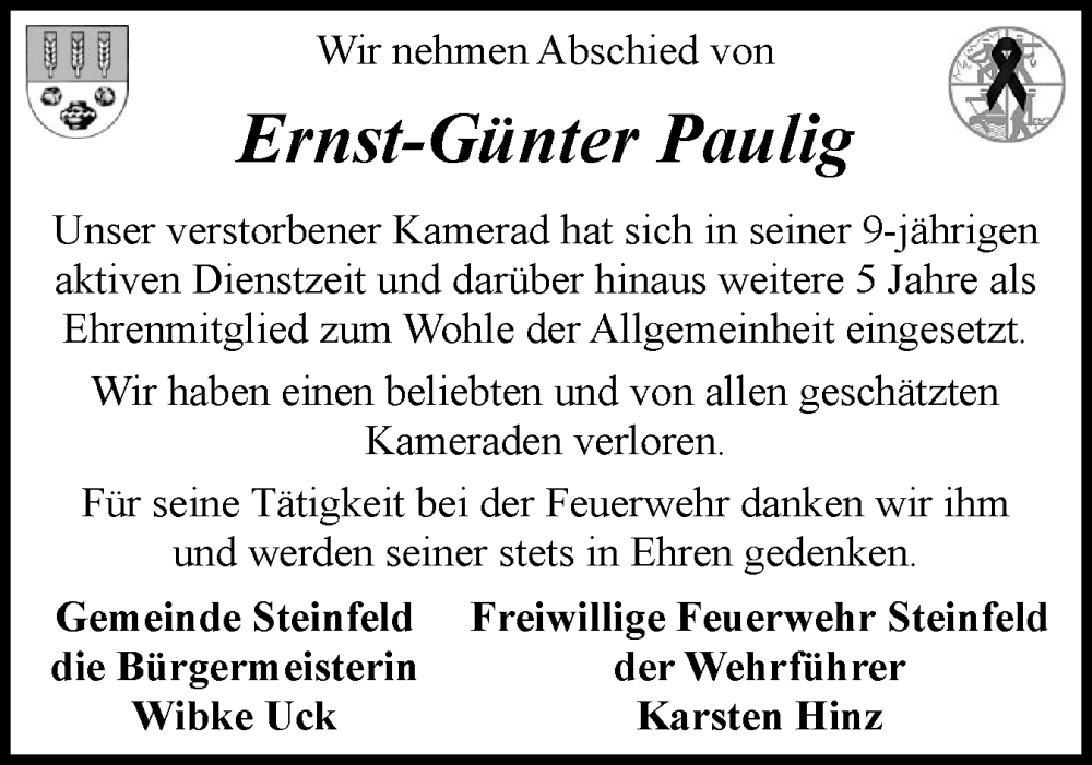  Traueranzeige für Ernst-Günter Paulig vom 05.07.2025 aus Schleswiger Nachrichten, Schlei-Bote