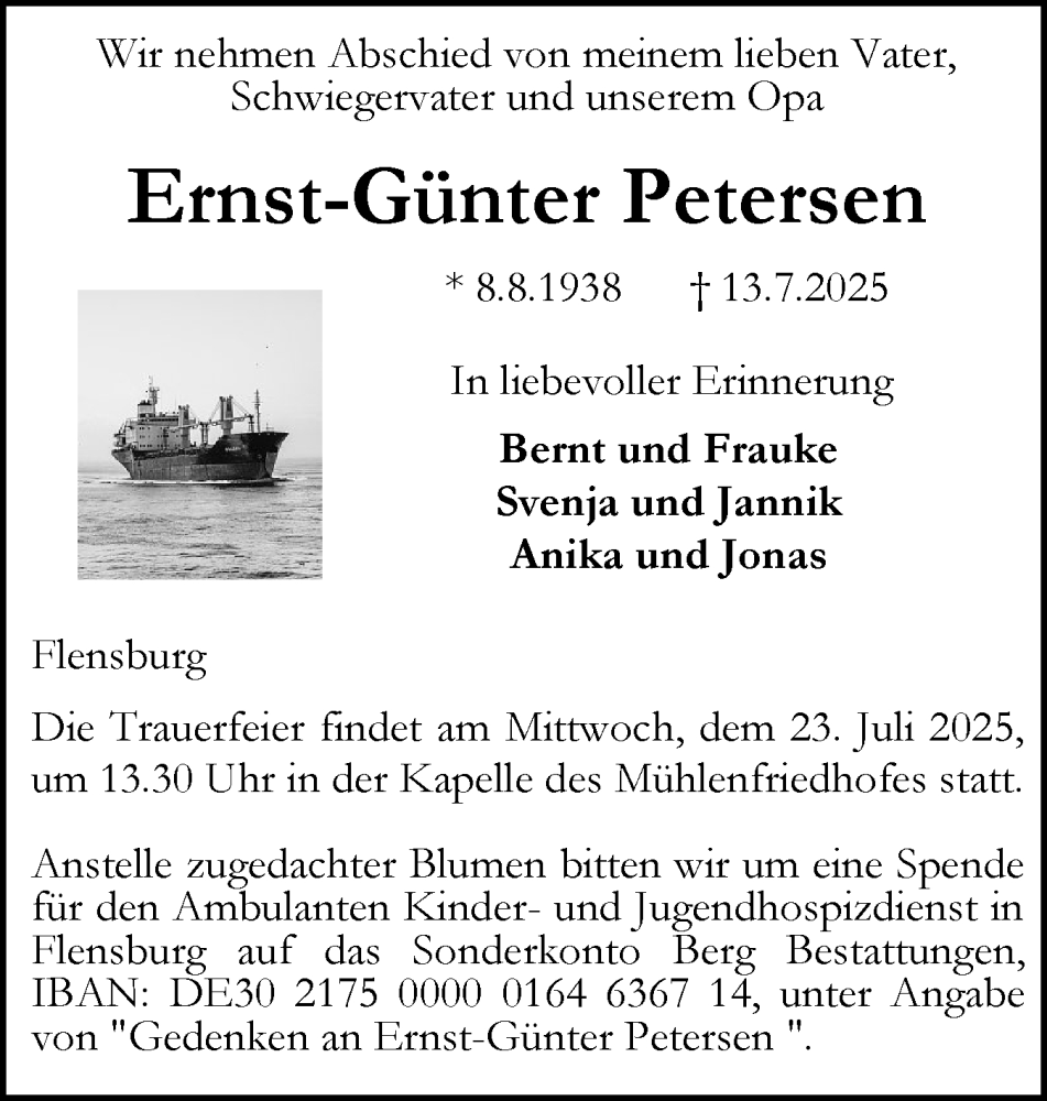  Traueranzeige für Ernst-Günter Petersen vom 19.07.2025 aus Flensburger Tageblatt