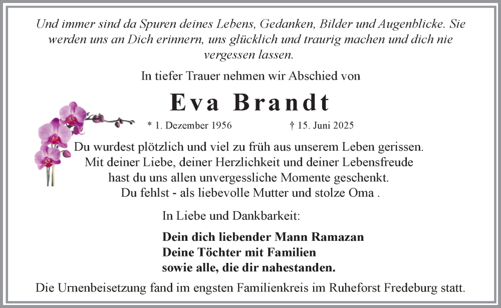  Traueranzeige für Eva Brandt vom 19.07.2025 aus MARKT Ratzeburg/Mölln