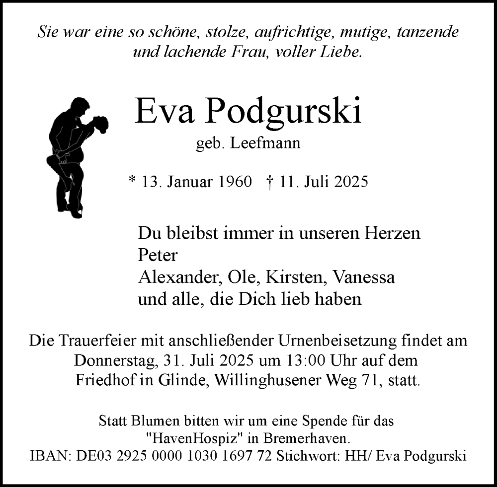  Traueranzeige für Eva Podgurski vom 26.07.2025 aus MARKT Glinde/Reinbek