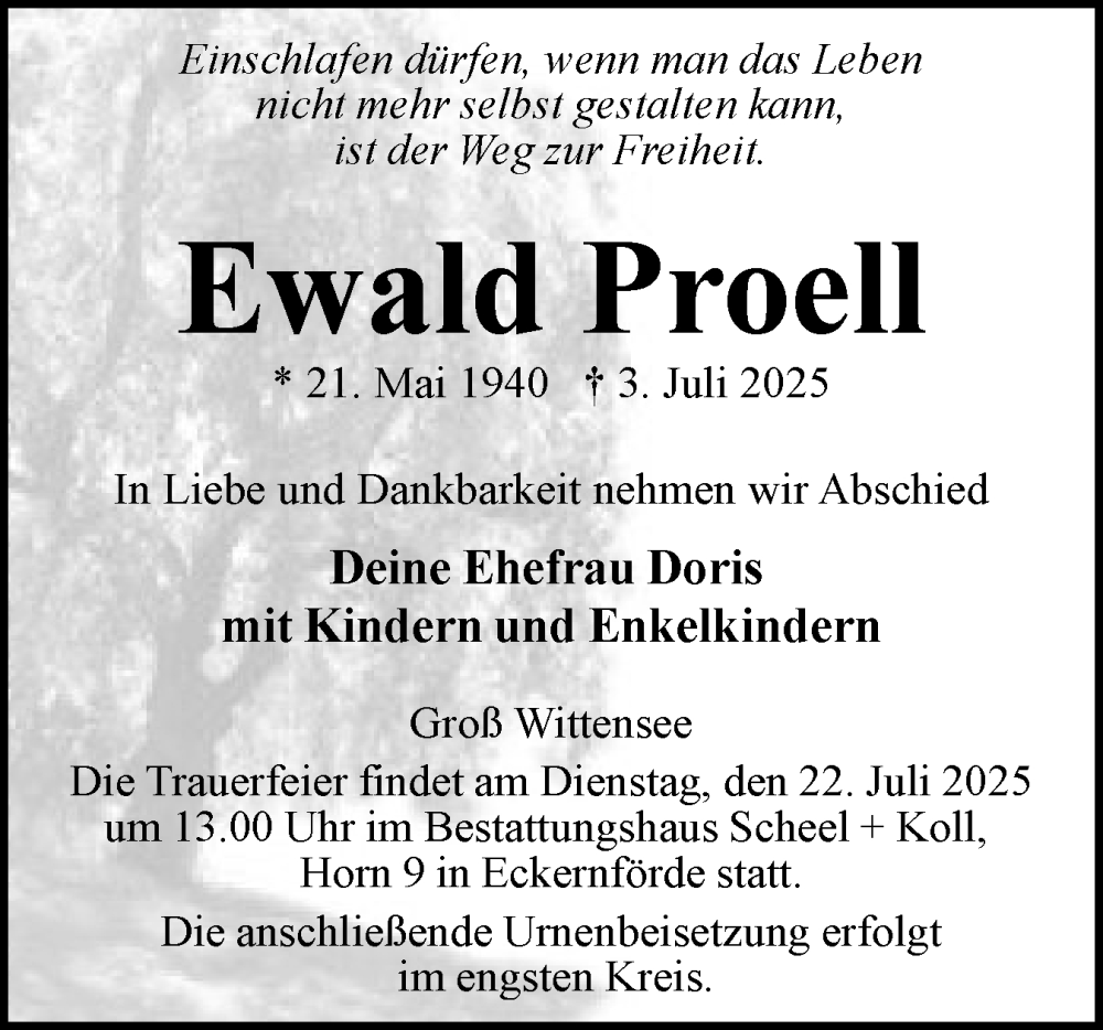  Traueranzeige für Ewald Proell vom 12.07.2025 aus Eckernförder Zeitung, Hallo Eckernförde