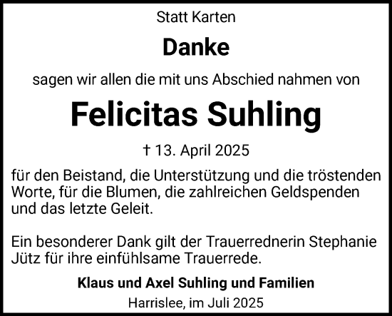 Traueranzeige von Felicitas Suhling von Region Flensburg