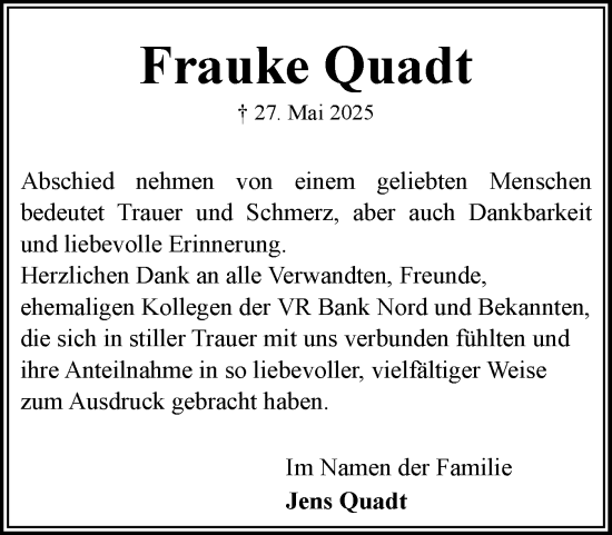 Traueranzeige von Frauke Quadt von Flensburger Tageblatt, Schleswiger Nachrichten, Schlei-Bote
