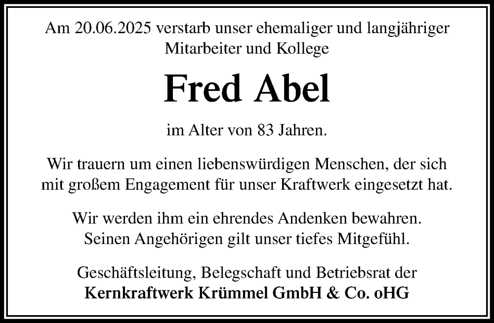  Traueranzeige für Fred Abel vom 12.07.2025 aus Wochenend Anzeiger