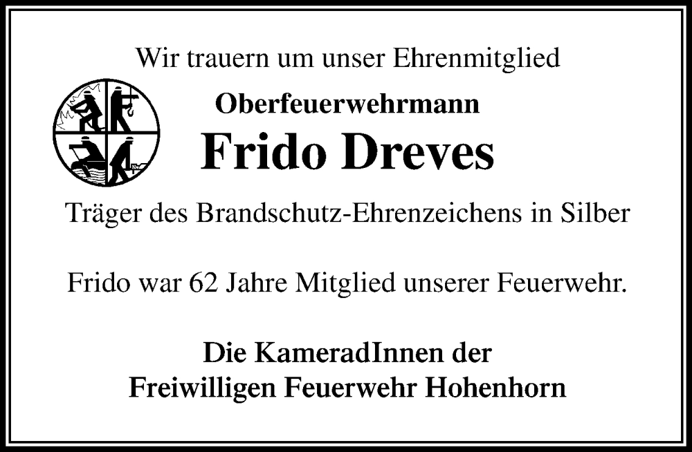  Traueranzeige für Frido Dreves vom 26.07.2025 aus Wochenend Anzeiger