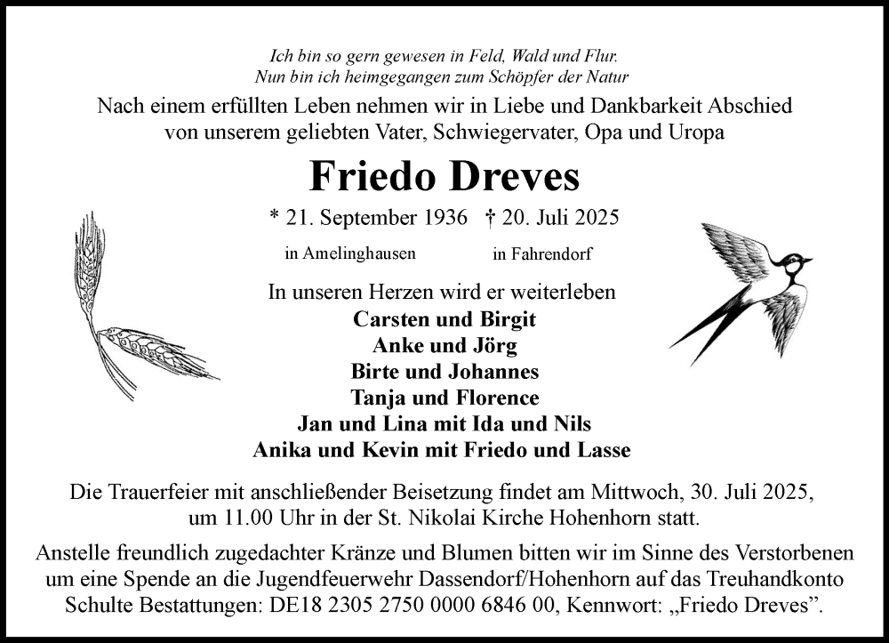  Traueranzeige für Friedo Dreves vom 26.07.2025 aus Wochenend Anzeiger