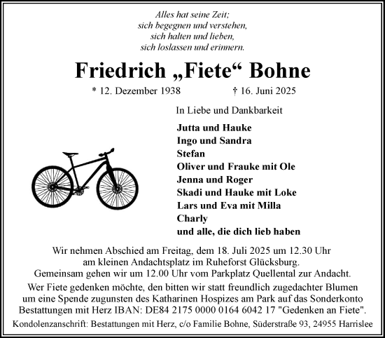 Traueranzeige von Friedrich Bohne von Flensburger Tageblatt