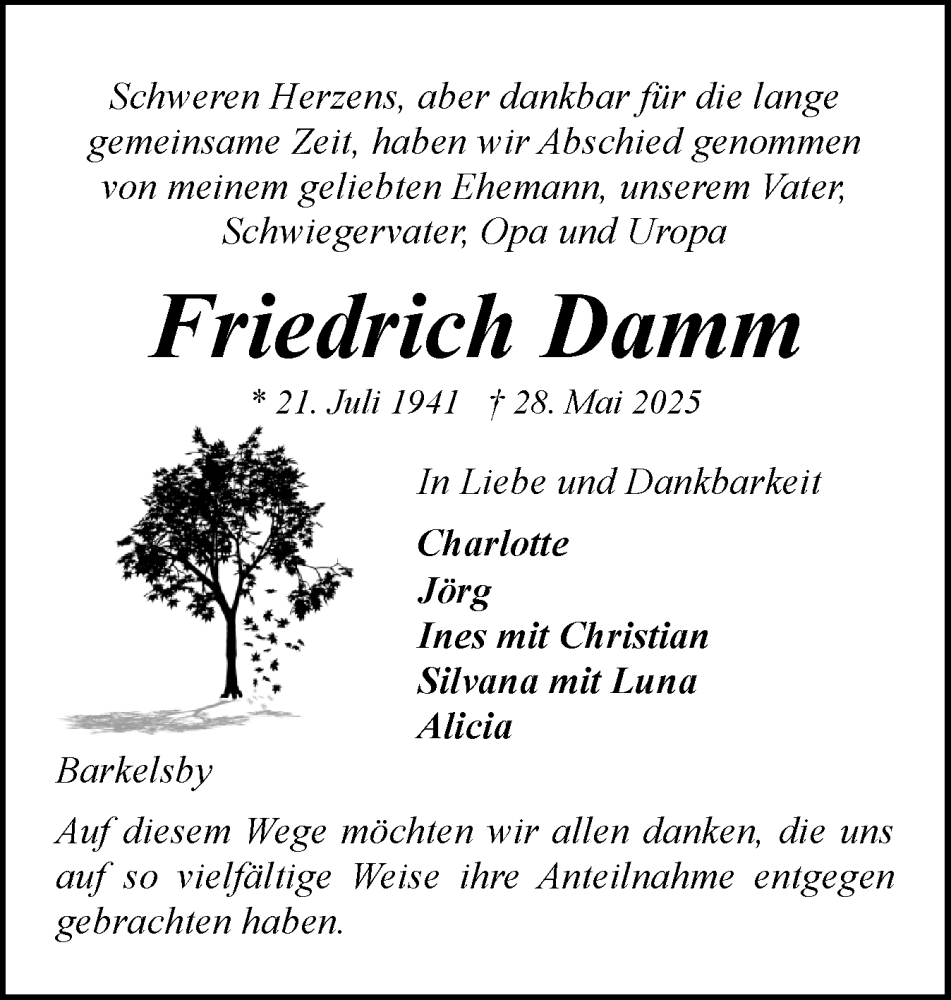  Traueranzeige für Friedrich Damm vom 05.07.2025 aus Eckernförder Zeitung, Hallo Eckernförde