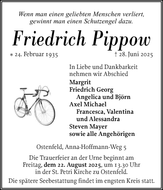 Traueranzeige von Friedrich Pippow von Husumer Nachrichten, Nordfriesland Tageblatt