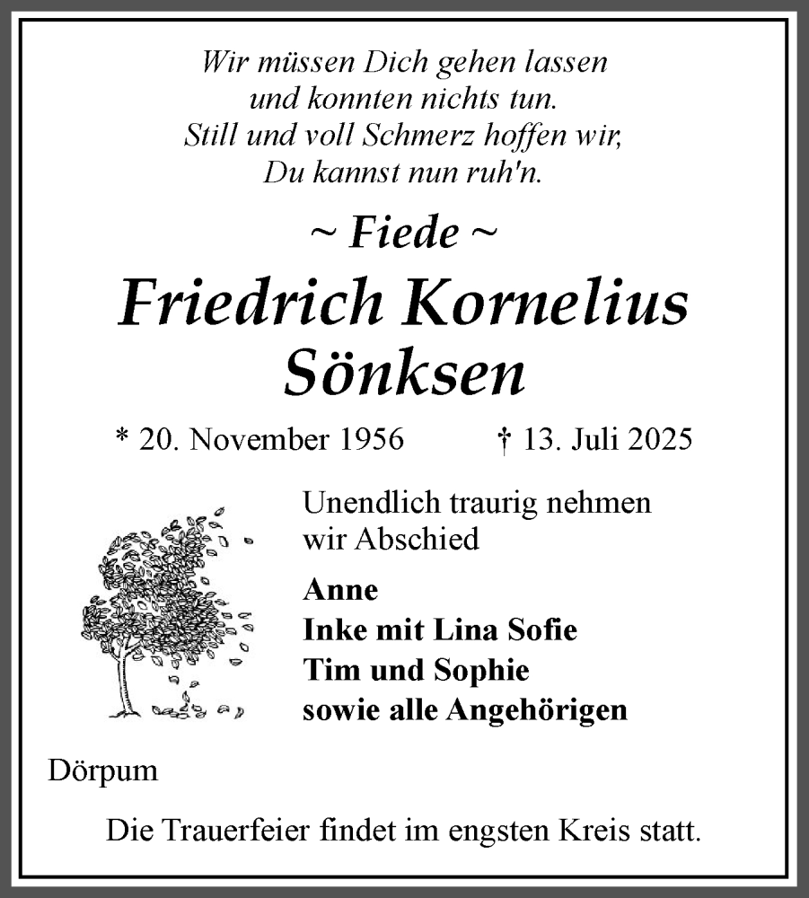 Traueranzeige für Friedrich Kornelius Sönksen vom 19.07.2025 aus Husumer Nachrichten, Nordfriesland Tageblatt
