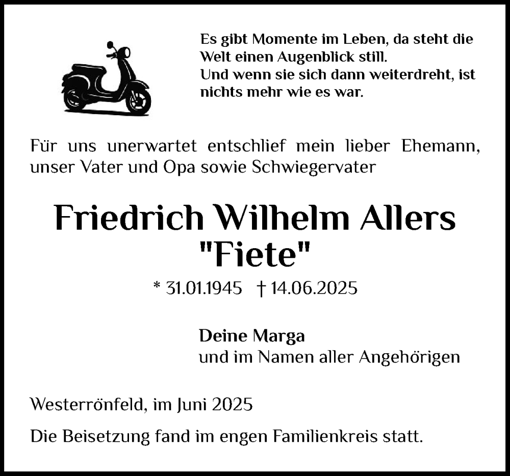  Traueranzeige für Friedrich Wilhelm Allers vom 05.07.2025 aus Schleswig-Holsteinische Landeszeitung