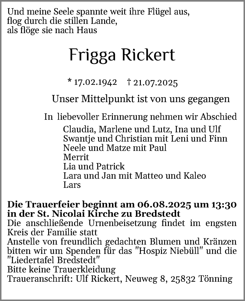  Traueranzeige für Frigga Rickert vom 26.07.2025 aus Husumer Nachrichten, Nordfriesland Tageblatt