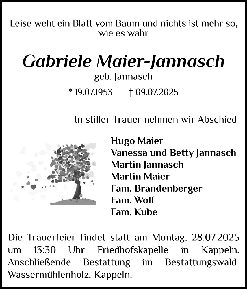  Traueranzeige für Gabriele Maier-Jannasch vom 25.07.2025 aus Schleswiger Nachrichten, Schlei-Bote