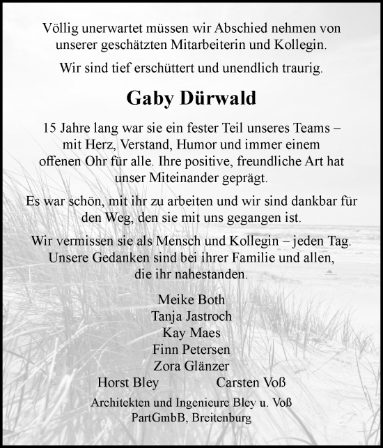Traueranzeige von Gaby Dürwald von Norddeutsche Rundschau, Wilstersche Zeitung, Glückstädter Fortuna