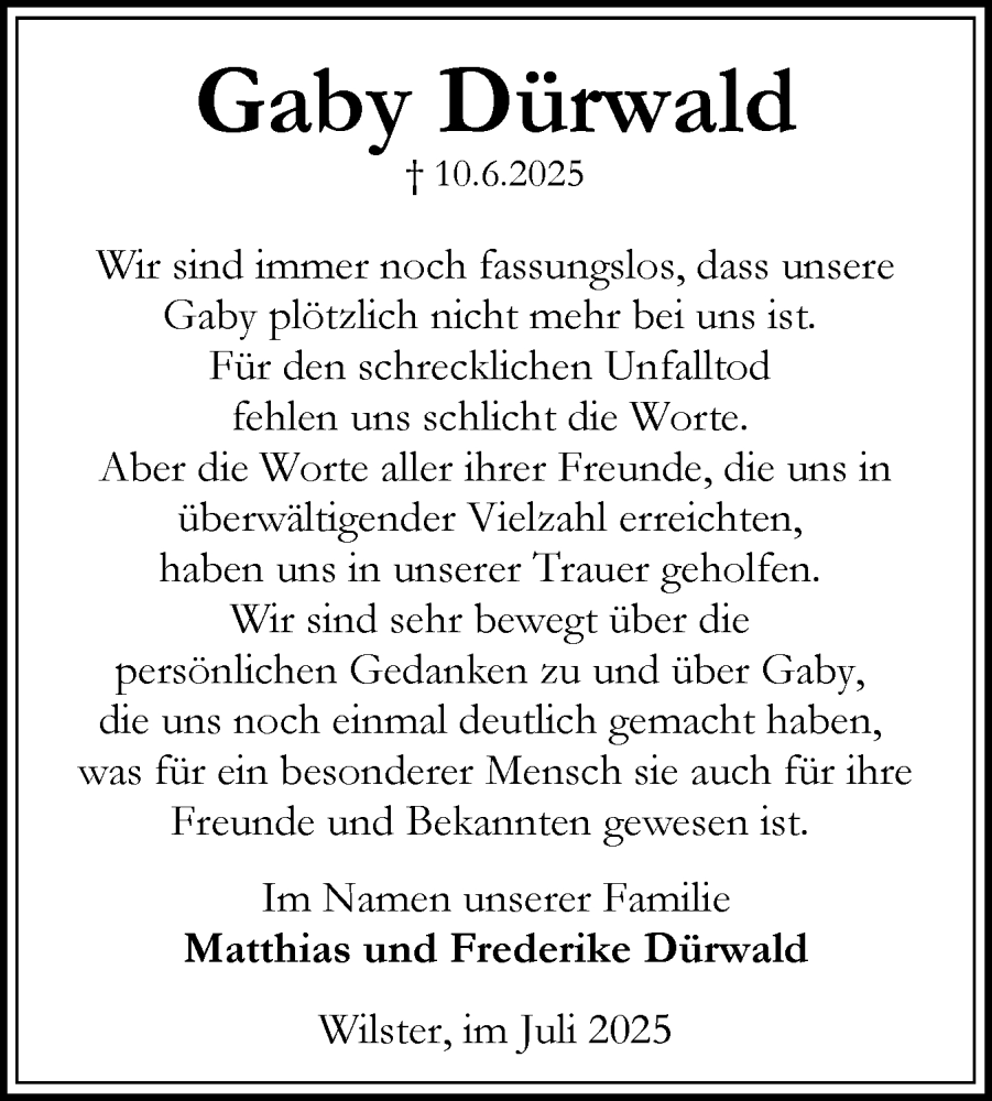  Traueranzeige für Gaby Dürwald vom 26.07.2025 aus Norddeutsche Rundschau, Wilstersche Zeitung, Glückstädter Fortuna