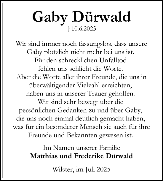 Traueranzeige von Gaby Dürwald von Norddeutsche Rundschau, Wilstersche Zeitung, Glückstädter Fortuna