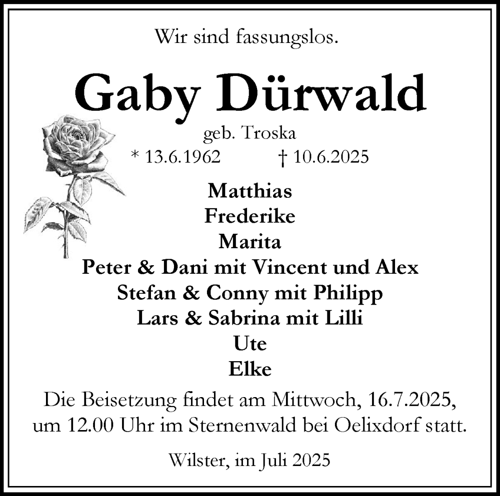  Traueranzeige für Gaby Dürwald vom 12.07.2025 aus Norddeutsche Rundschau, Wilstersche Zeitung, Glückstädter Fortuna