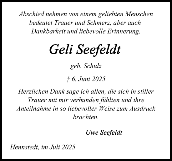 Traueranzeige von Geli Seefeldt von Schleswig-Holsteinische Landeszeitung