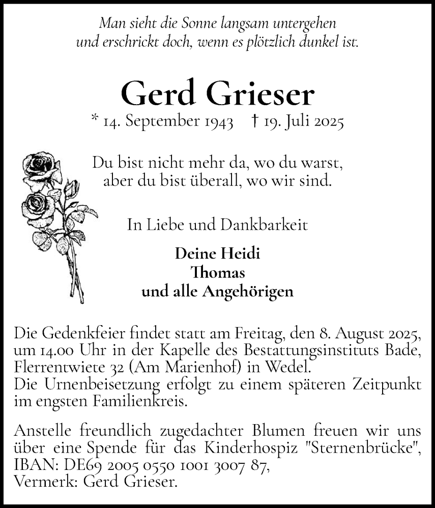  Traueranzeige für Gerd Grieser vom 26.07.2025 aus Wedel-Schulauer Tageblatt, tip Wedel-Schulauer Tageblatt, tip Rissener Rundschau