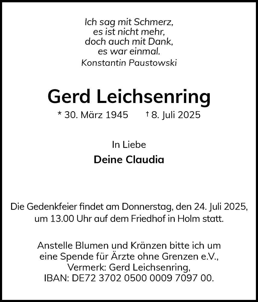  Traueranzeige für Gerd Leichsenring vom 19.07.2025 aus Wedel-Schulauer Tageblatt, tip Wedel-Schulauer Tageblatt, tip Rissener Rundschau