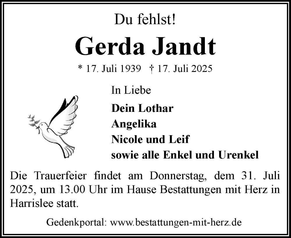  Traueranzeige für Gerda Jandt vom 26.07.2025 aus Flensburger Tageblatt