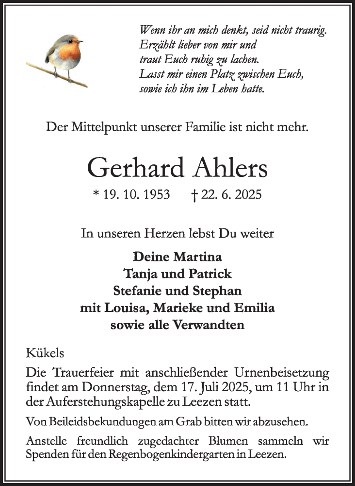  Traueranzeige für Gerhard Ahlers vom 12.07.2025 aus MARKT Ahrensburg/Bargteheide/Trittau und Stormarner Tageblatt
