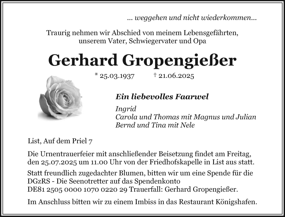  Traueranzeige für Gerhard Gropengießer vom 19.07.2025 aus Sylter Rundschau