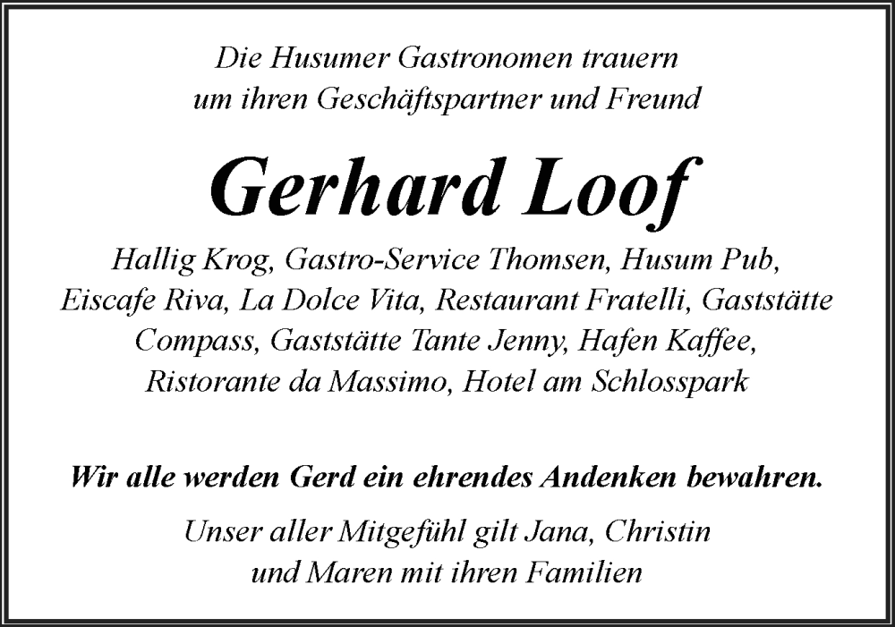  Traueranzeige für Gerhard Loof vom 19.07.2025 aus Husumer Nachrichten, Nordfriesland Tageblatt
