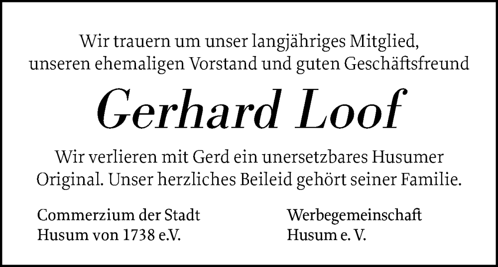 Traueranzeige für Gerhard Loof vom 21.07.2025 aus Husumer Nachrichten, Nordfriesland Tageblatt