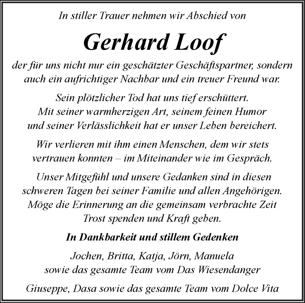  Traueranzeige für Gerhard Loof vom 19.07.2025 aus Husumer Nachrichten, Nordfriesland Tageblatt