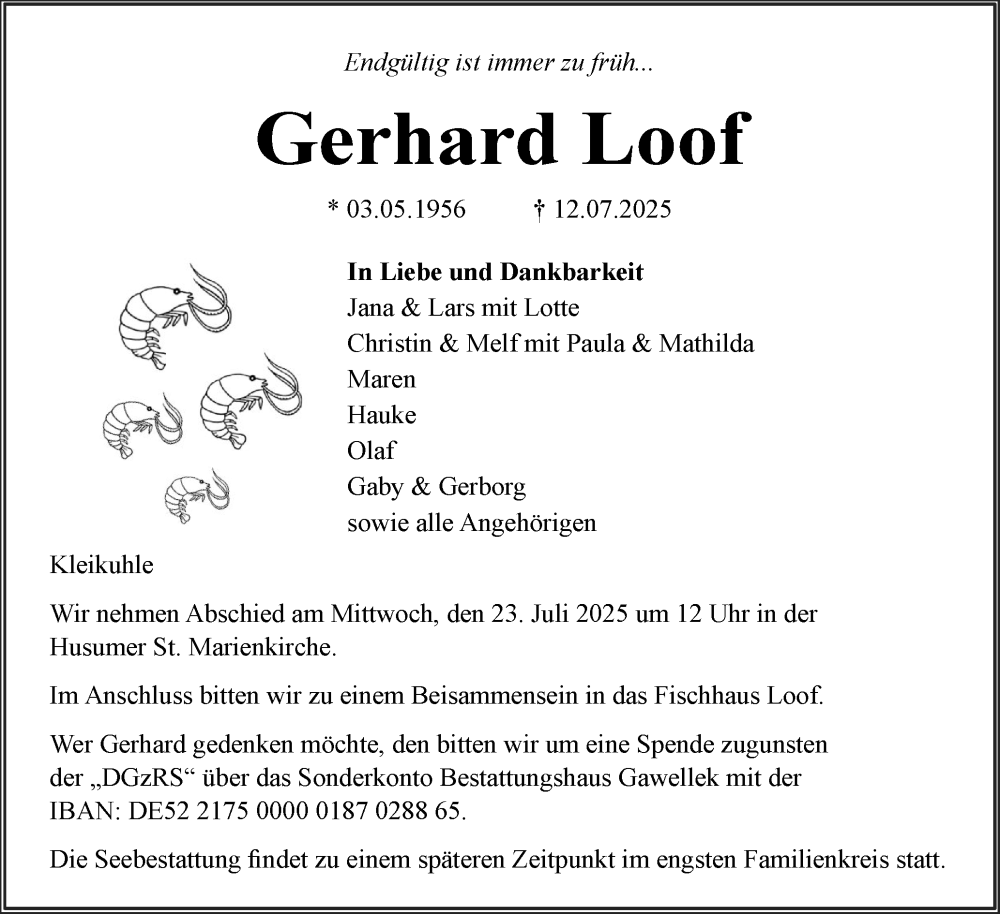  Traueranzeige für Gerhard Loof vom 19.07.2025 aus Husumer Nachrichten, Nordfriesland Tageblatt