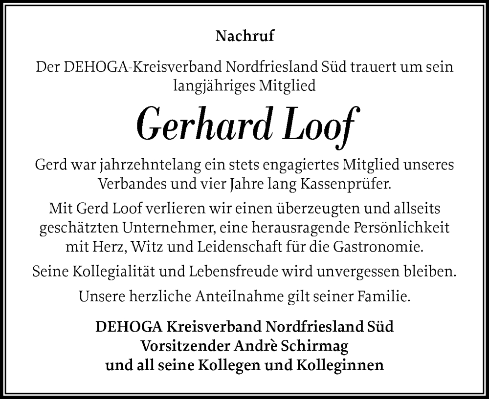  Traueranzeige für Gerhard Loof vom 19.07.2025 aus Husumer Nachrichten, Nordfriesland Tageblatt