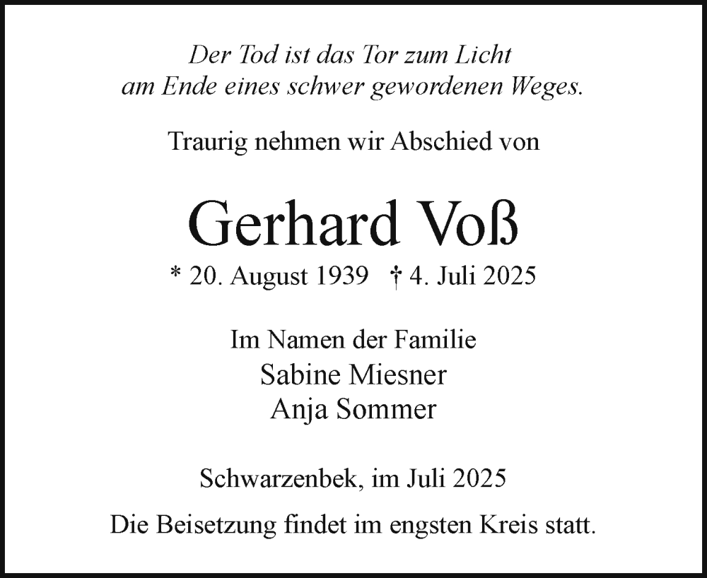  Traueranzeige für Gerhard Voß vom 12.07.2025 aus Wochenend Anzeiger