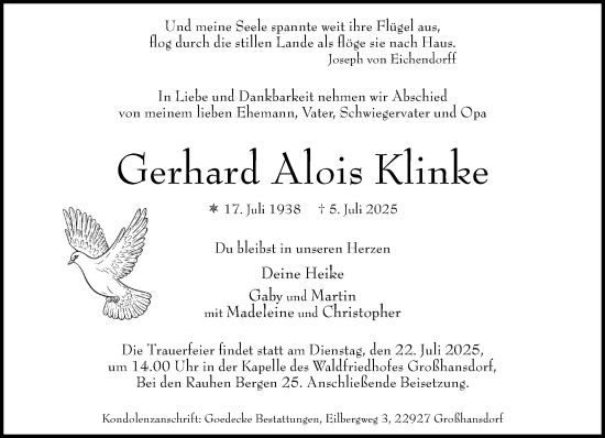 Traueranzeige von Gerhard Alois Klinke von MARKT Ahrensburg/Bargteheide/Trittau und Stormarner Tageblatt