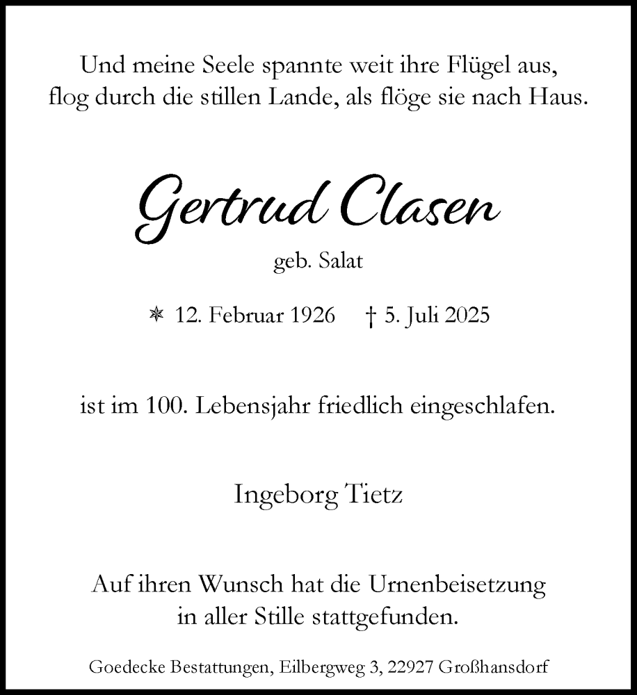  Traueranzeige für Gertrud Clasen vom 19.07.2025 aus MARKT Ahrensburg/Bargteheide/Trittau und Stormarner Tageblatt
