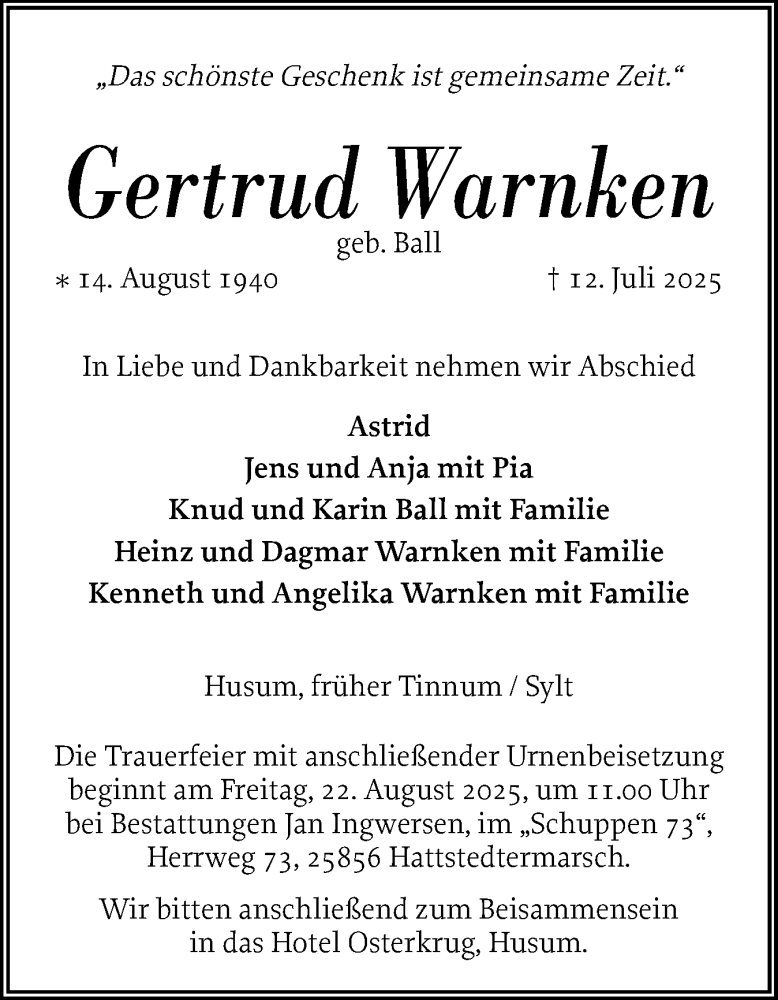  Traueranzeige für Gertrud Warnken vom 31.07.2025 aus Sylter Rundschau